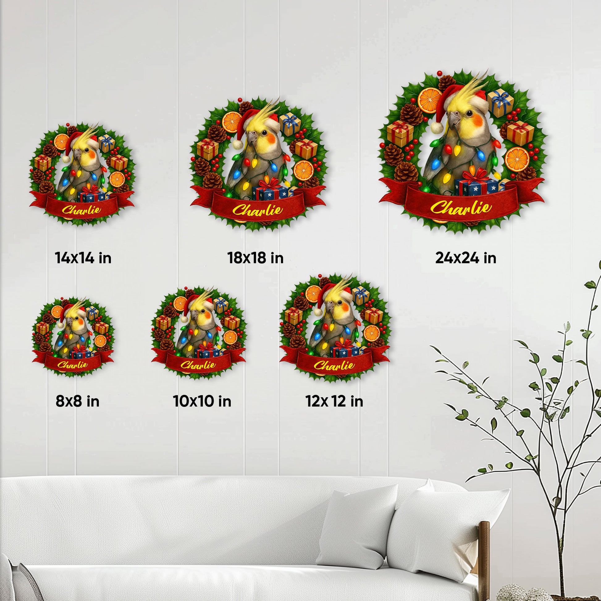 Cockatiel Christmas metal sign shown in multiple size options from 8 by 8 to 24 by 24 inches