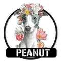 Floral Whippet metal sign featuring a detailed dog portrait framed by colorful blooming flowers