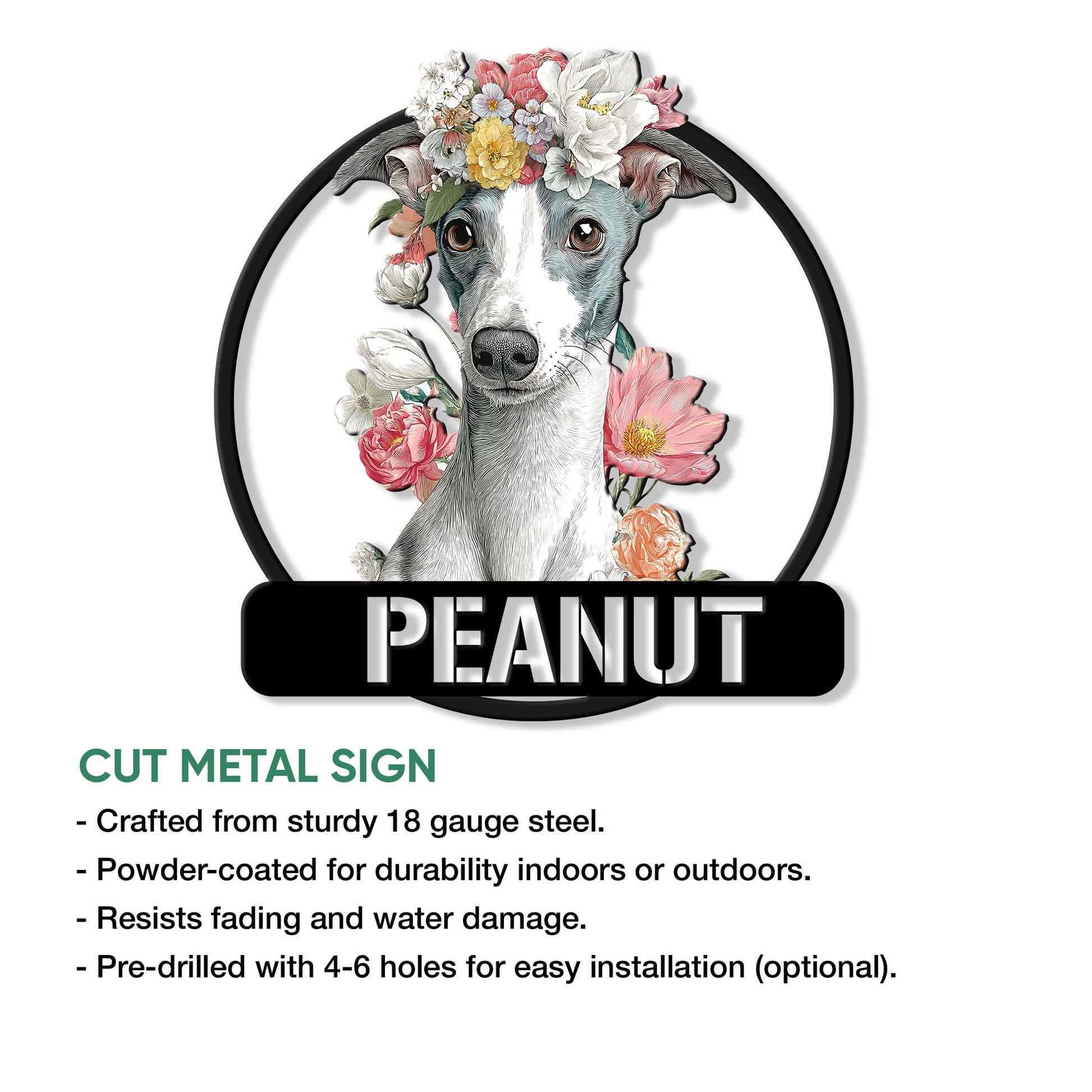 Floral Whippet cut metal sign shown with product features and a circular dog portrait design