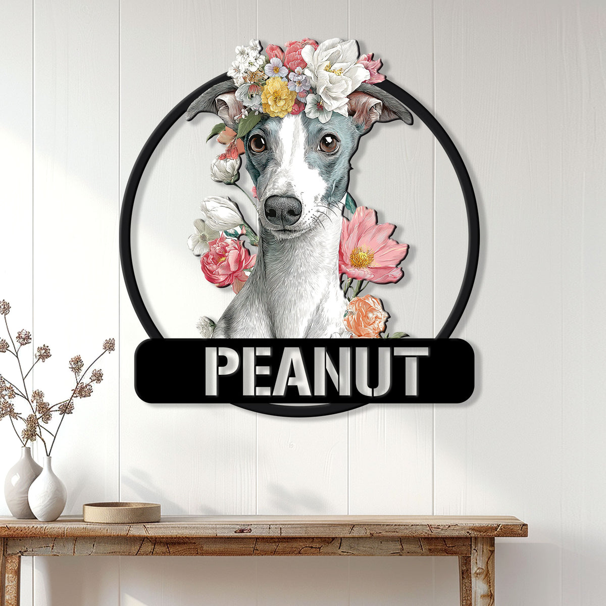 Floral Whippet wall sign displayed above a console table in a bright home entryway
