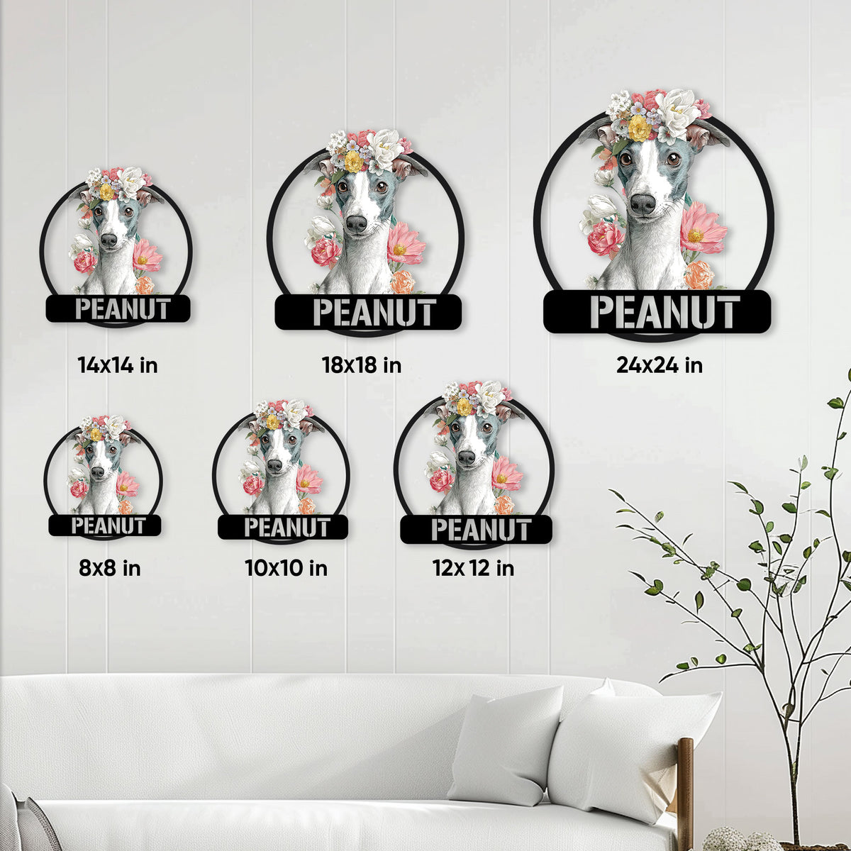 Floral Whippet metal sign size guide showing six available square dimensions