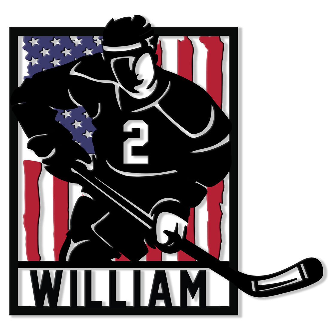Custom hockey metal sign featuring a dynamic player silhouette with a hockey stick and patriotic American flag backdrop