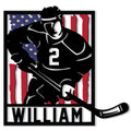 Custom hockey metal sign featuring a dynamic player silhouette with a hockey stick and patriotic American flag backdrop