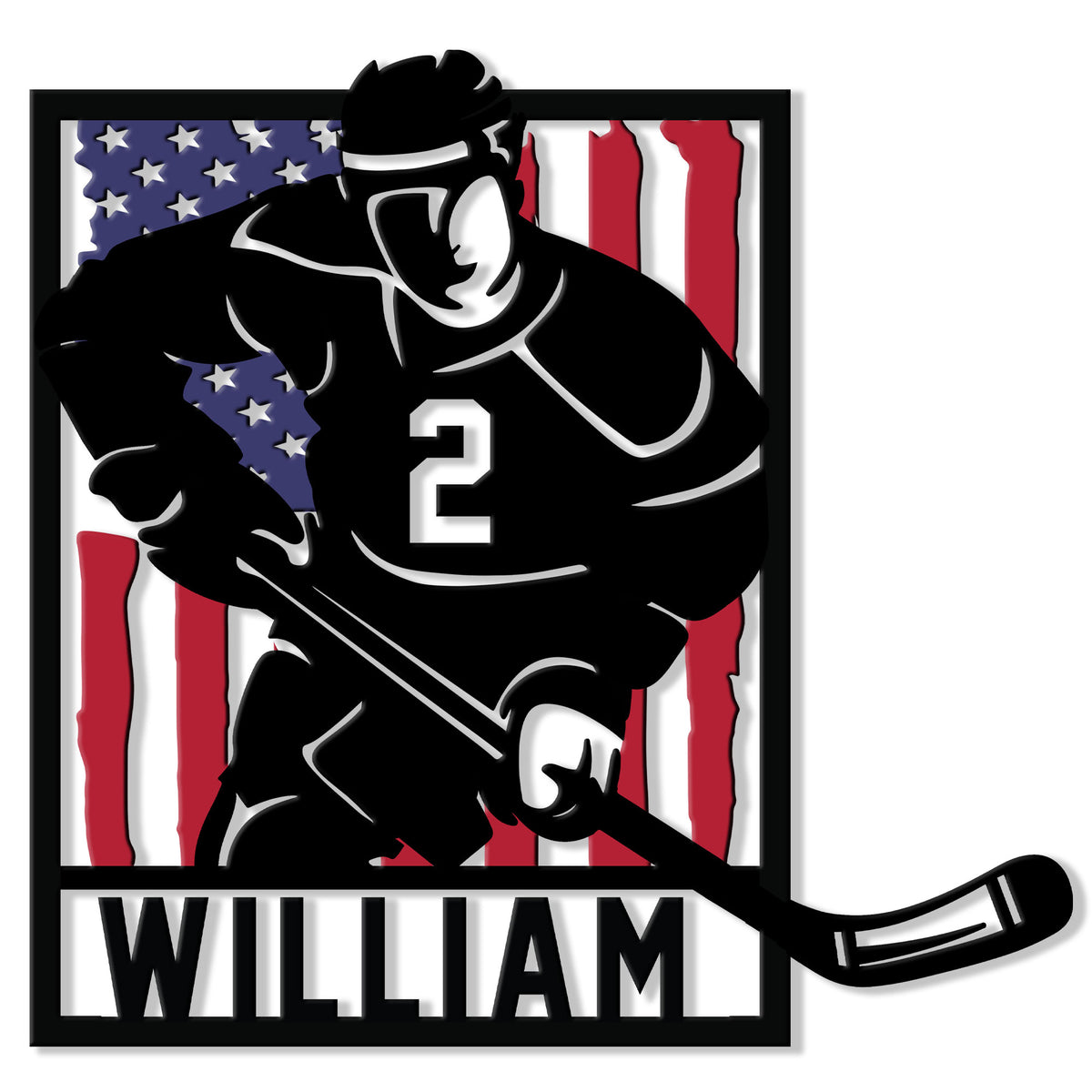 Custom hockey metal sign featuring a dynamic player silhouette with a hockey stick and patriotic American flag backdrop