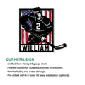 Hockey player metal sign shown with a cut-metal design and patriotic flag artwork in a product feature graphic