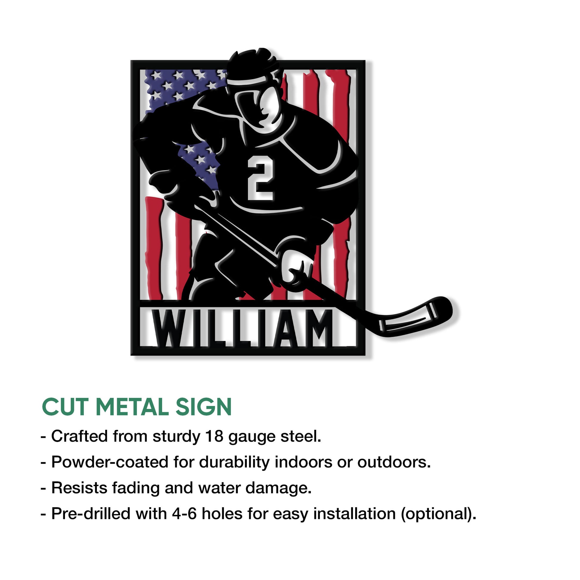 Hockey player metal sign shown with a cut-metal design and patriotic flag artwork in a product feature graphic