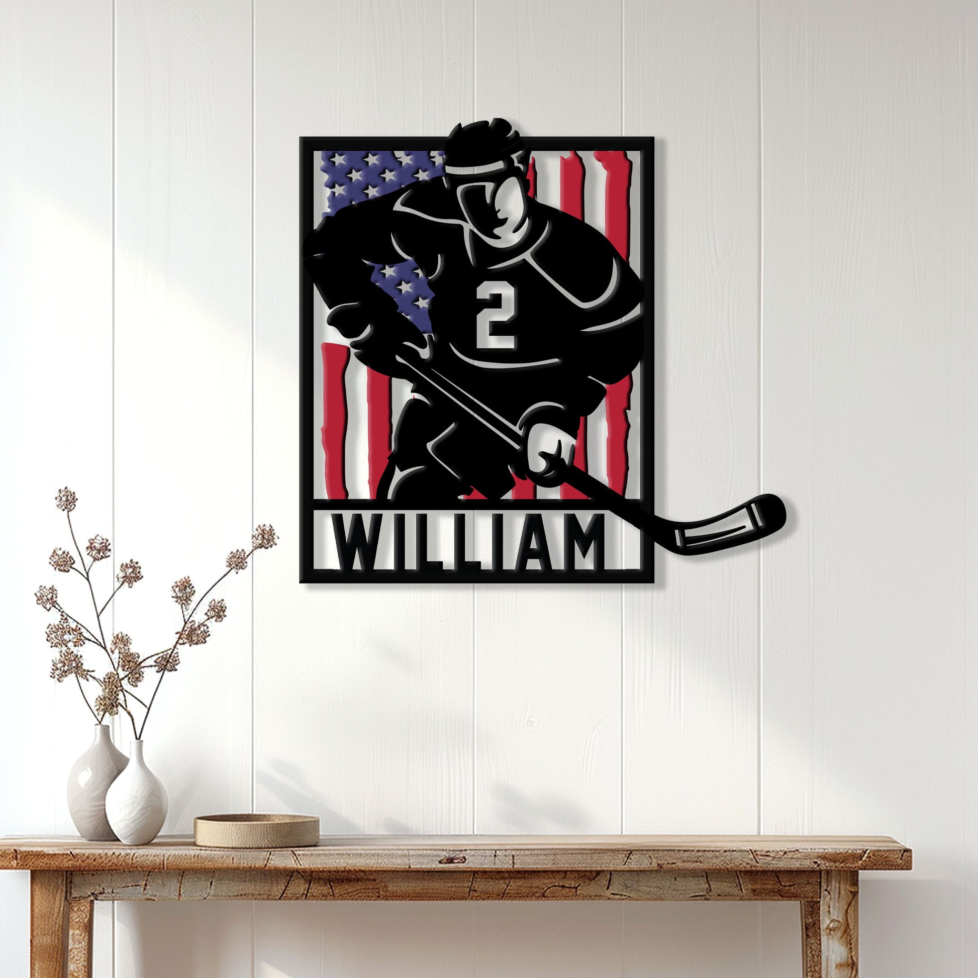 Patriotic hockey metal sign displayed as wall decor above a console table in a bright home interior