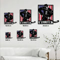 Hockey metal sign size guide showing six available square size options from 8 by 8 to 24 by 24 inches