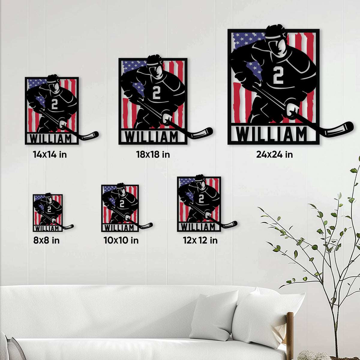 Hockey metal sign size guide showing six available square size options from 8 by 8 to 24 by 24 inches
