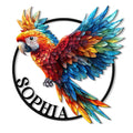 Colorful macaw parrot metal sign with layered feathers, wings spread inside a bold circular design