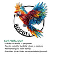 Vibrant macaw parrot cut metal sign shown with indoor and outdoor display features