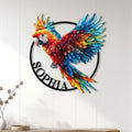 Colorful parrot wall sign displayed on a light wood-paneled wall above a console