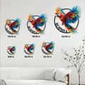 Macaw parrot metal sign shown in six size options from 8 by 8 to 24 by 24 inches
