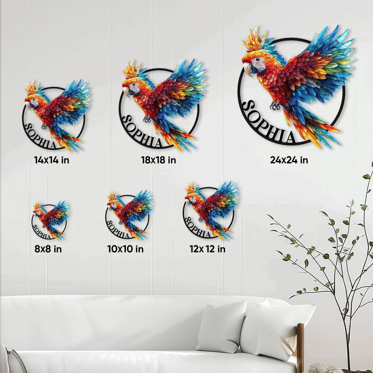 Macaw parrot metal sign shown in six size options from 8 by 8 to 24 by 24 inches