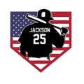 Custom baseball metal sign featuring a batter silhouette against an American flag background