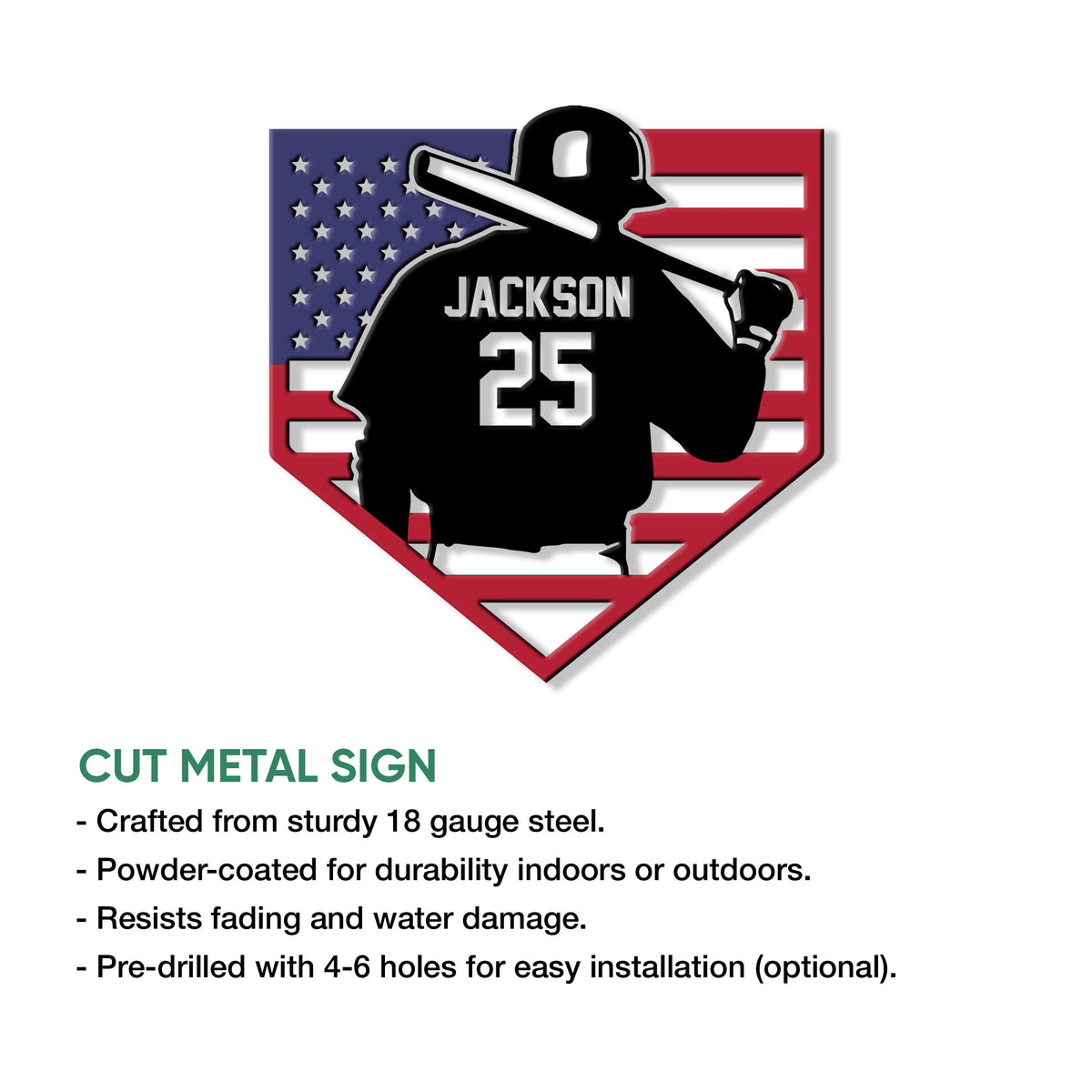 Baseball batter silhouette metal sign shown with cut-metal design and wall-mounting features