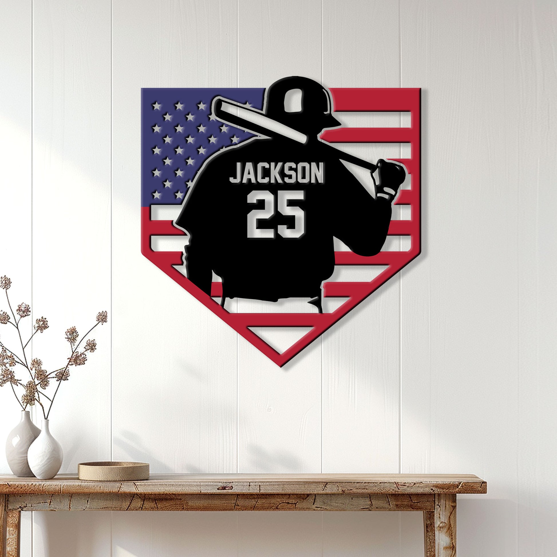 Baseball metal sign displayed on a light wood-paneled wall above a console table
