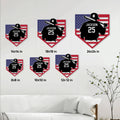 Baseball batter metal sign size guide showing multiple square size options on a wall