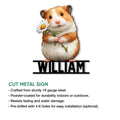 Hamster metal sign shown with a cut-shape product presentation and feature information