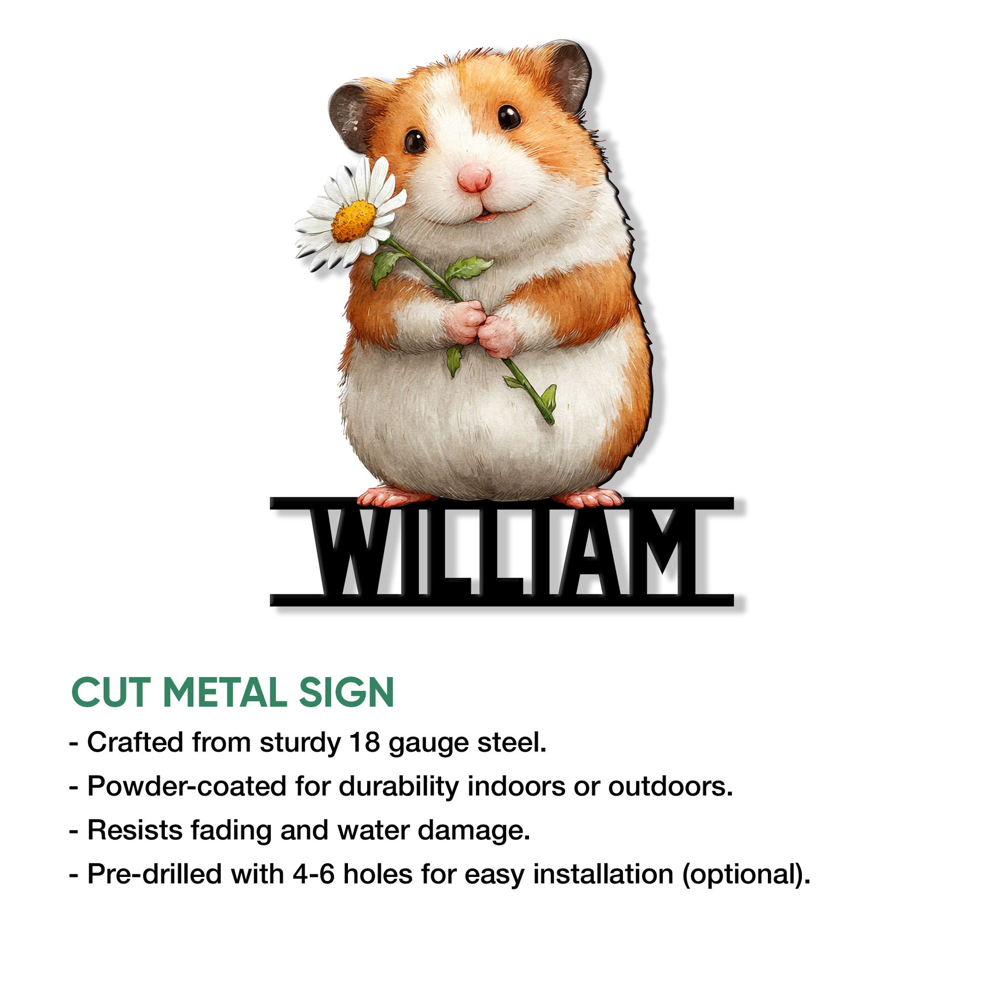 Hamster metal sign shown with a cut-shape product presentation and feature information