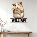 Cute hamster wall sign holding a daisy, displayed as cheerful animal decor in a bright home