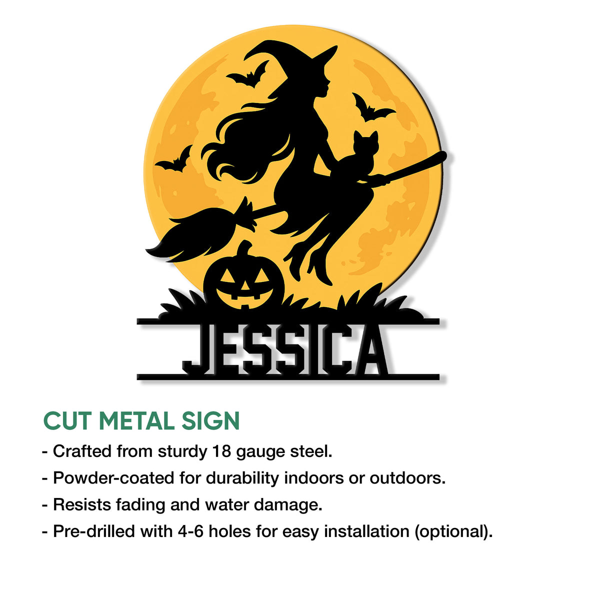 Cut metal Halloween sign showing a witch on a broom, black cat, bats, pumpkin, and glowing moon