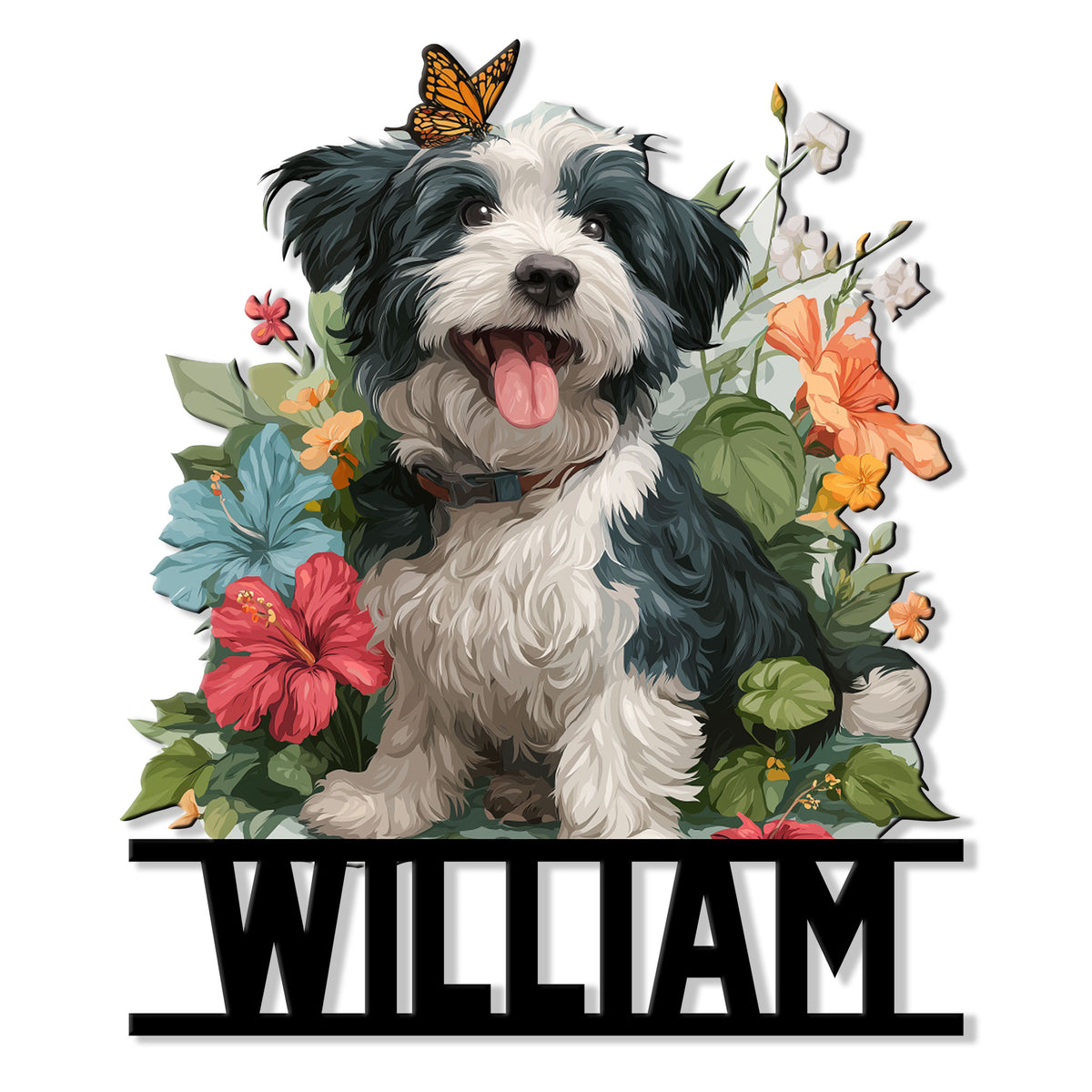 Floral Havanese dog portrait metal sign with a butterfly, tropical flowers, and bold lower name design