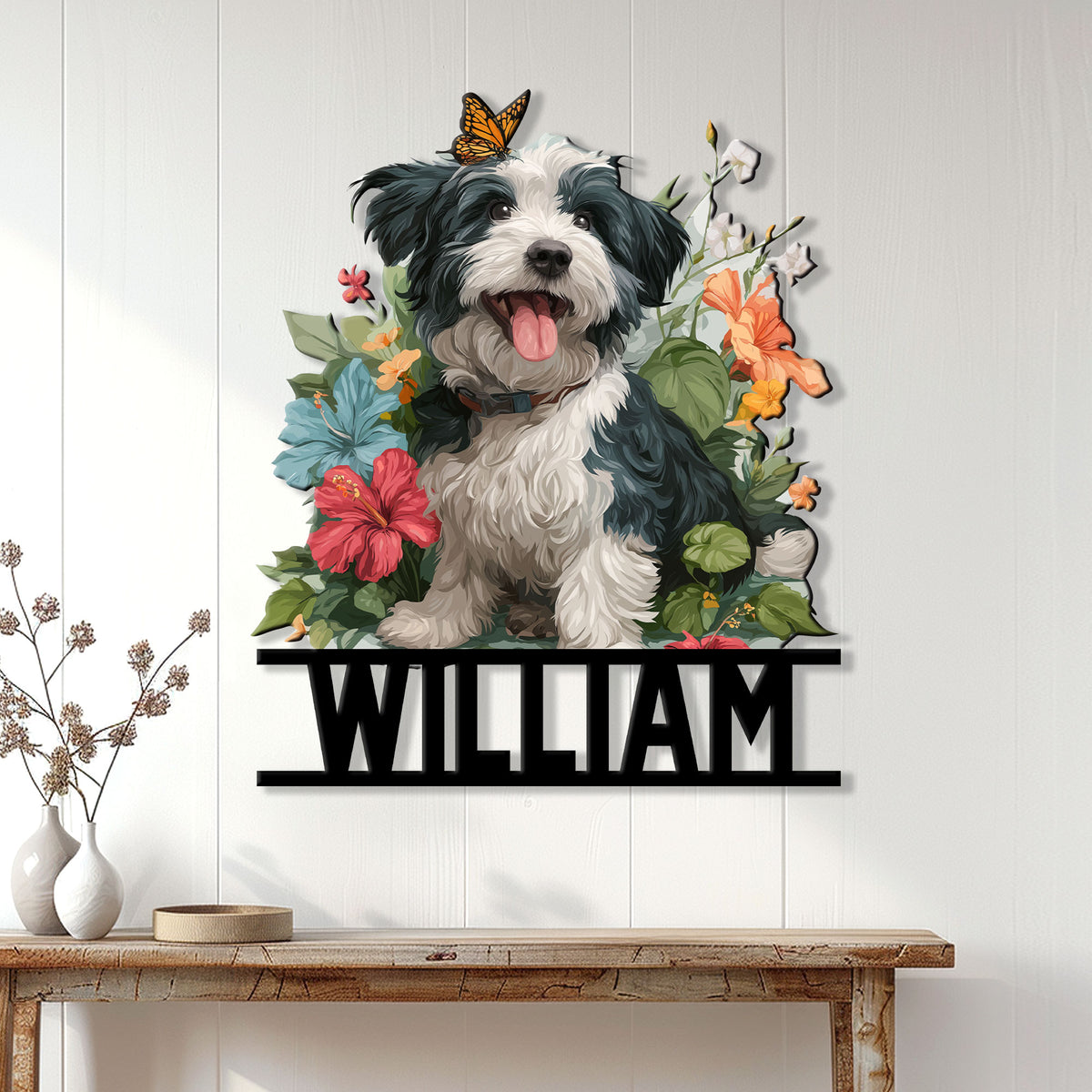 Havanese dog wall sign displayed on a white paneled wall above a wooden console table