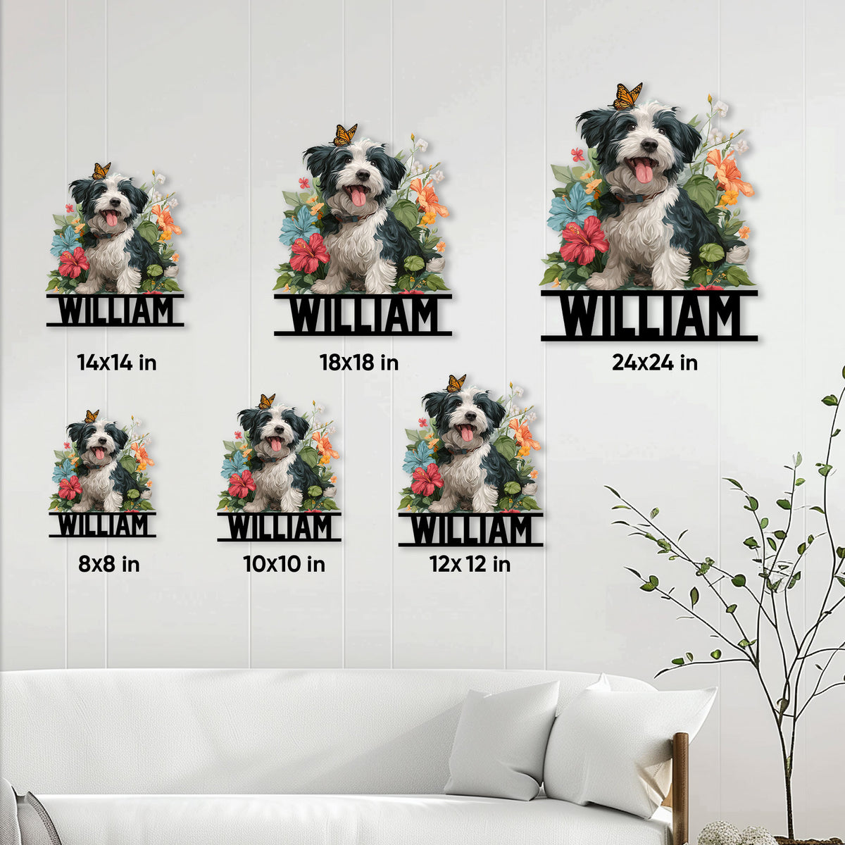 Havanese floral metal sign size guide showing six square size options in a bright living room setting