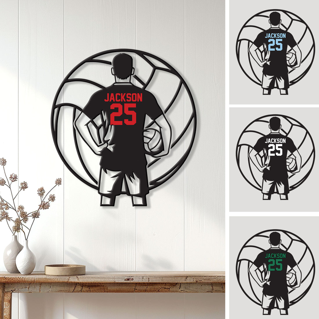 Custom volleyball player metal sign displayed as wall decor in a bright home setting