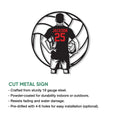 Volleyball player silhouette metal sign shown with a product feature information guide
