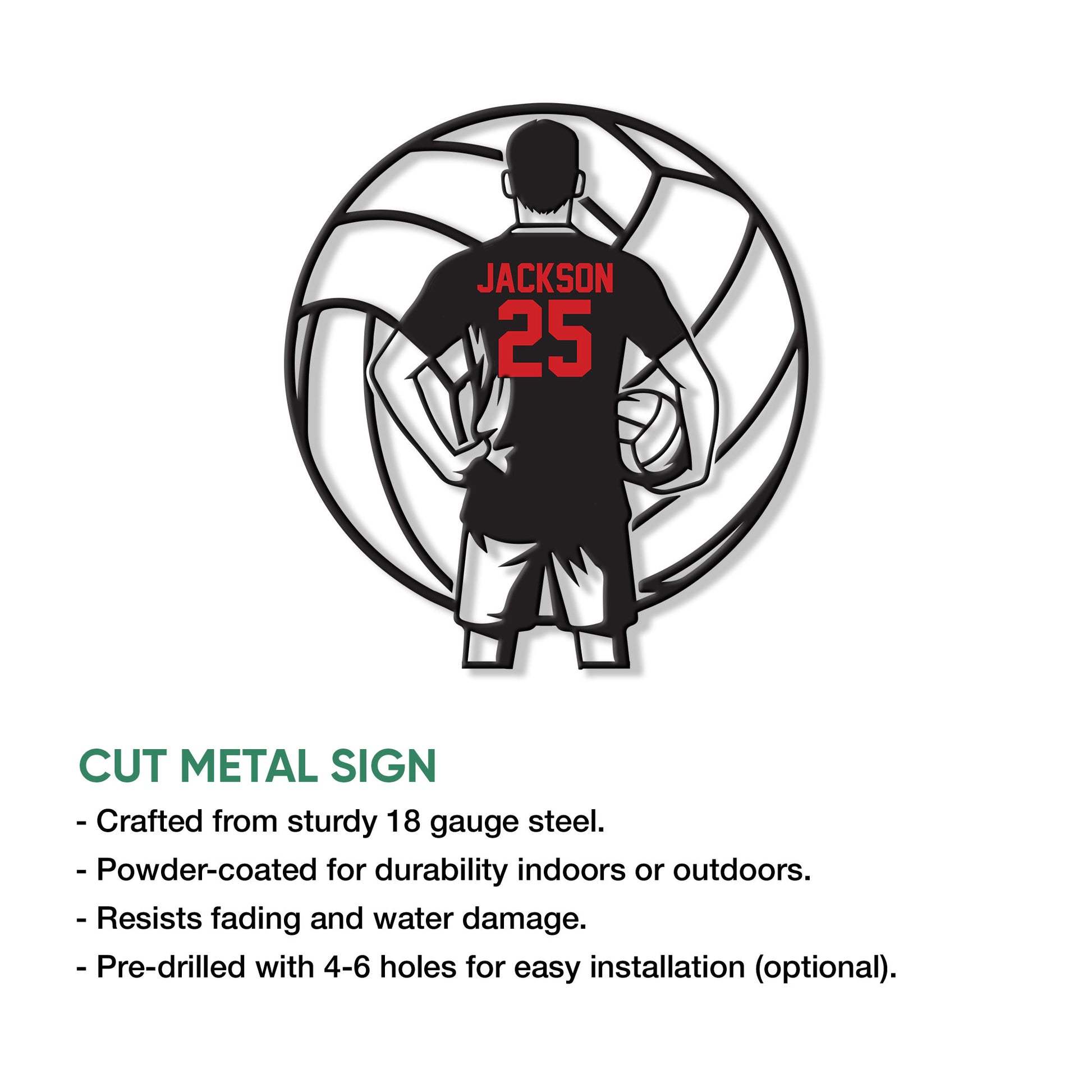 Volleyball player silhouette metal sign shown with a product feature information guide