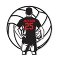 Close-up of a volleyball athlete silhouette holding a ball inside a large volleyball outline