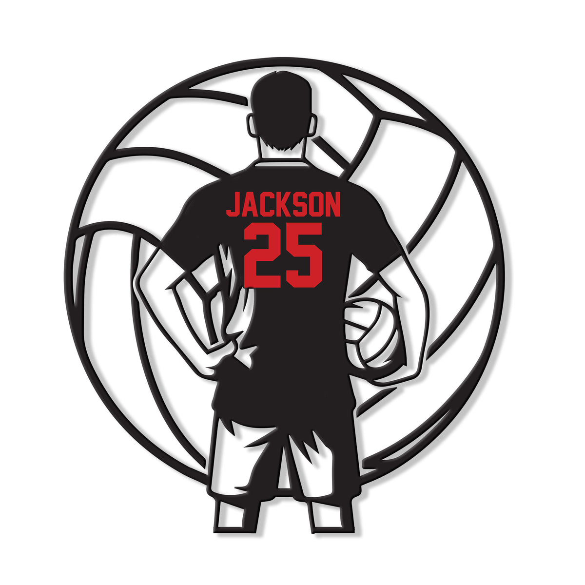 Close-up of a volleyball athlete silhouette holding a ball inside a large volleyball outline