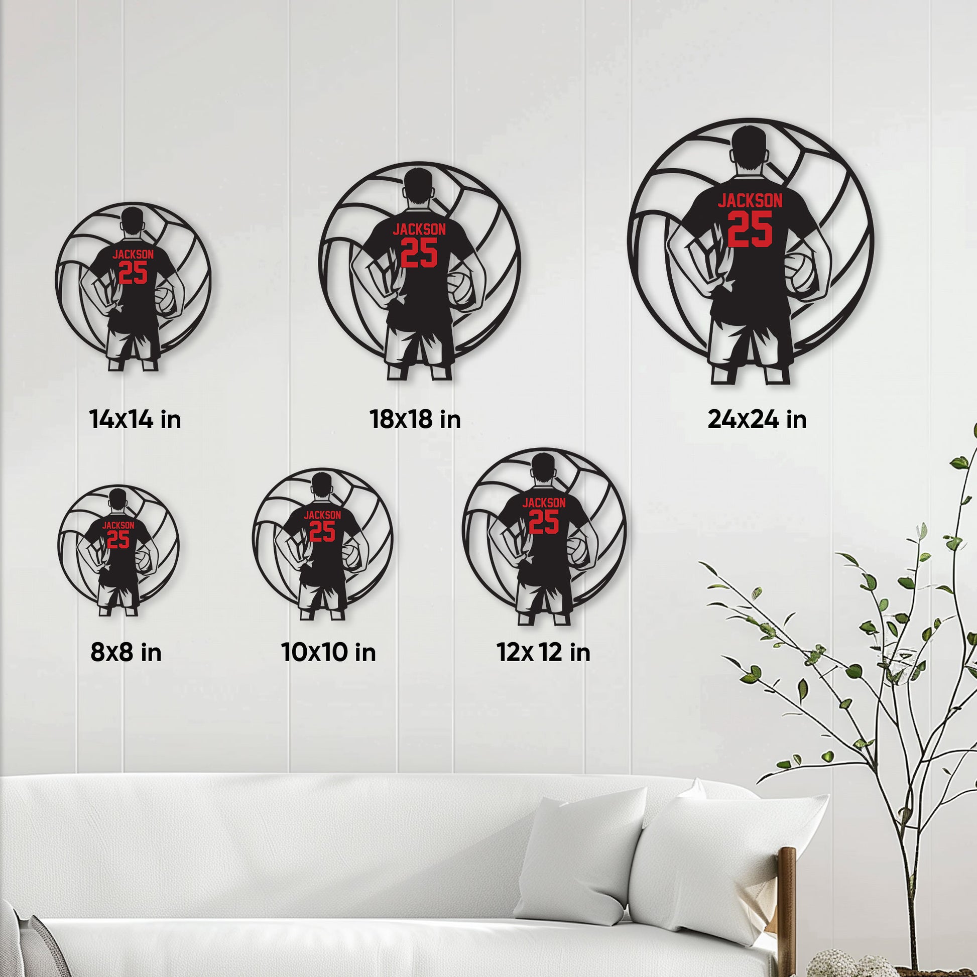 Volleyball player metal sign size guide showing options from 8 by 8 to 24 by 24 inches