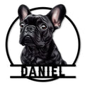 Black French Bulldog metal sign featuring a detailed seated Frenchie inside a circular frame