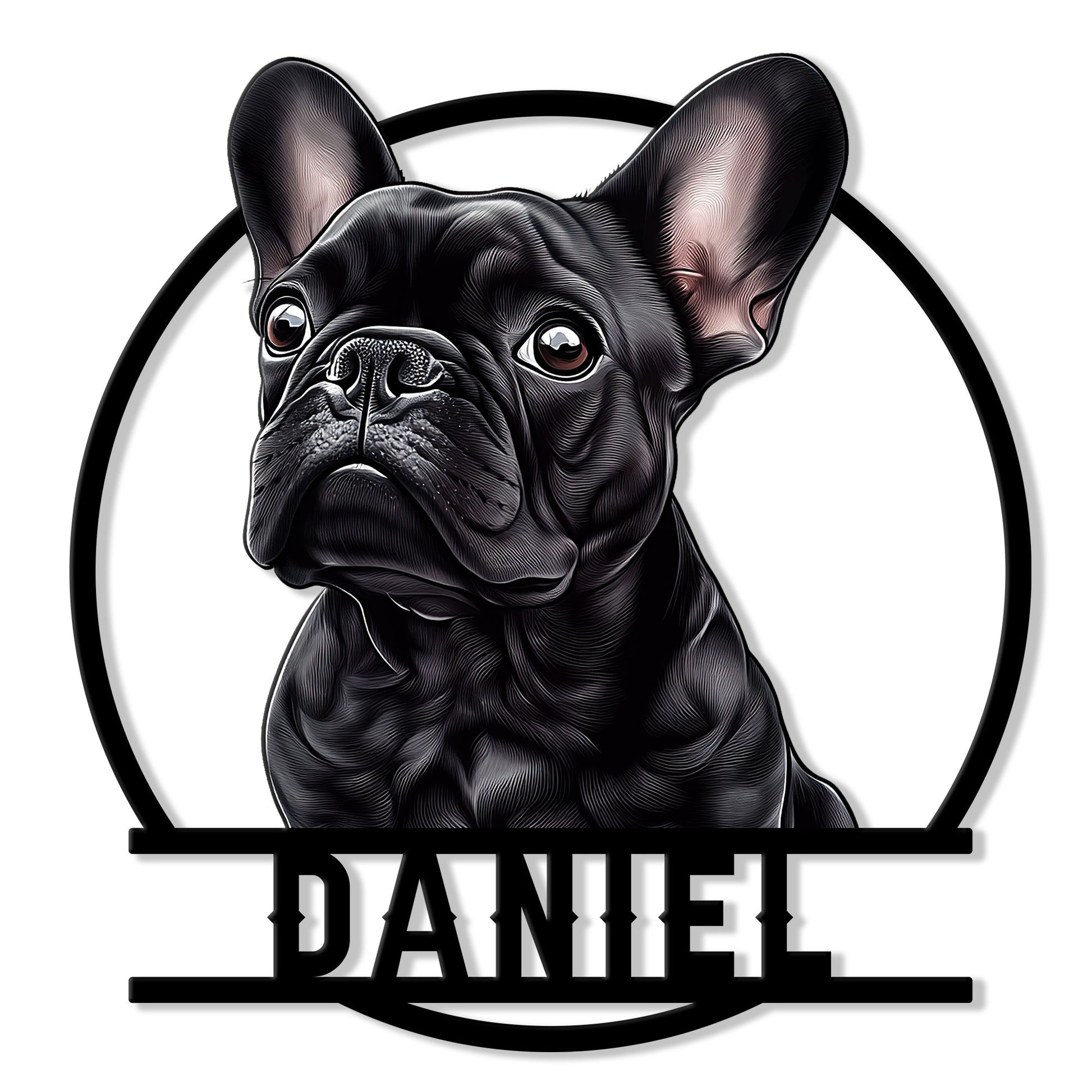 Black French Bulldog metal sign featuring a detailed seated Frenchie inside a circular frame