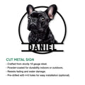 French Bulldog cut metal sign shown with indoor and outdoor use details