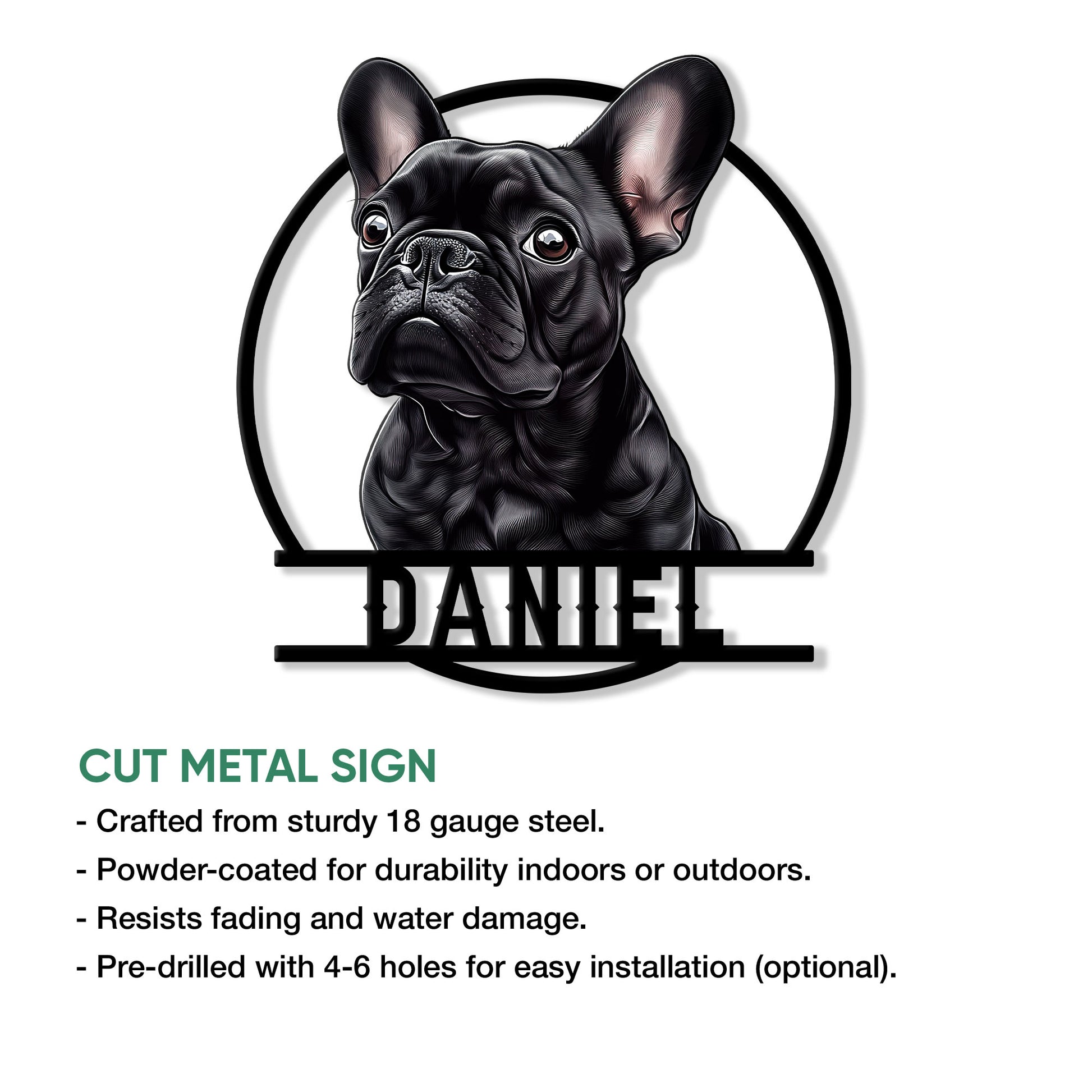 French Bulldog cut metal sign shown with indoor and outdoor use details