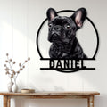 French Bulldog metal wall sign displayed above a console table in a bright home interior