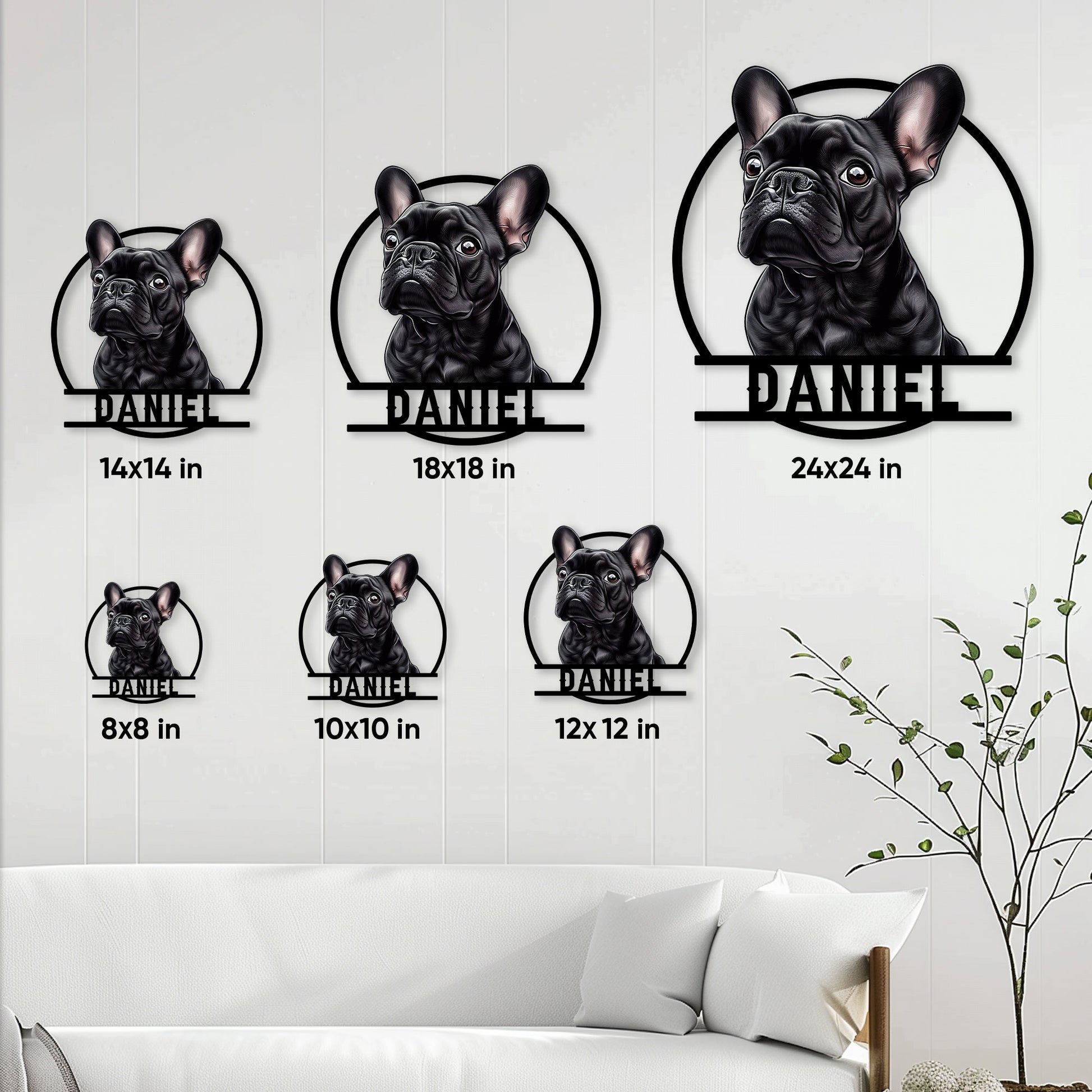 French Bulldog metal sign size guide showing six square size options from 8 to 24 inches