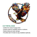Detailed cut metal eagle sign showing vibrant wings, bold silhouette, and decorative stained-glass style