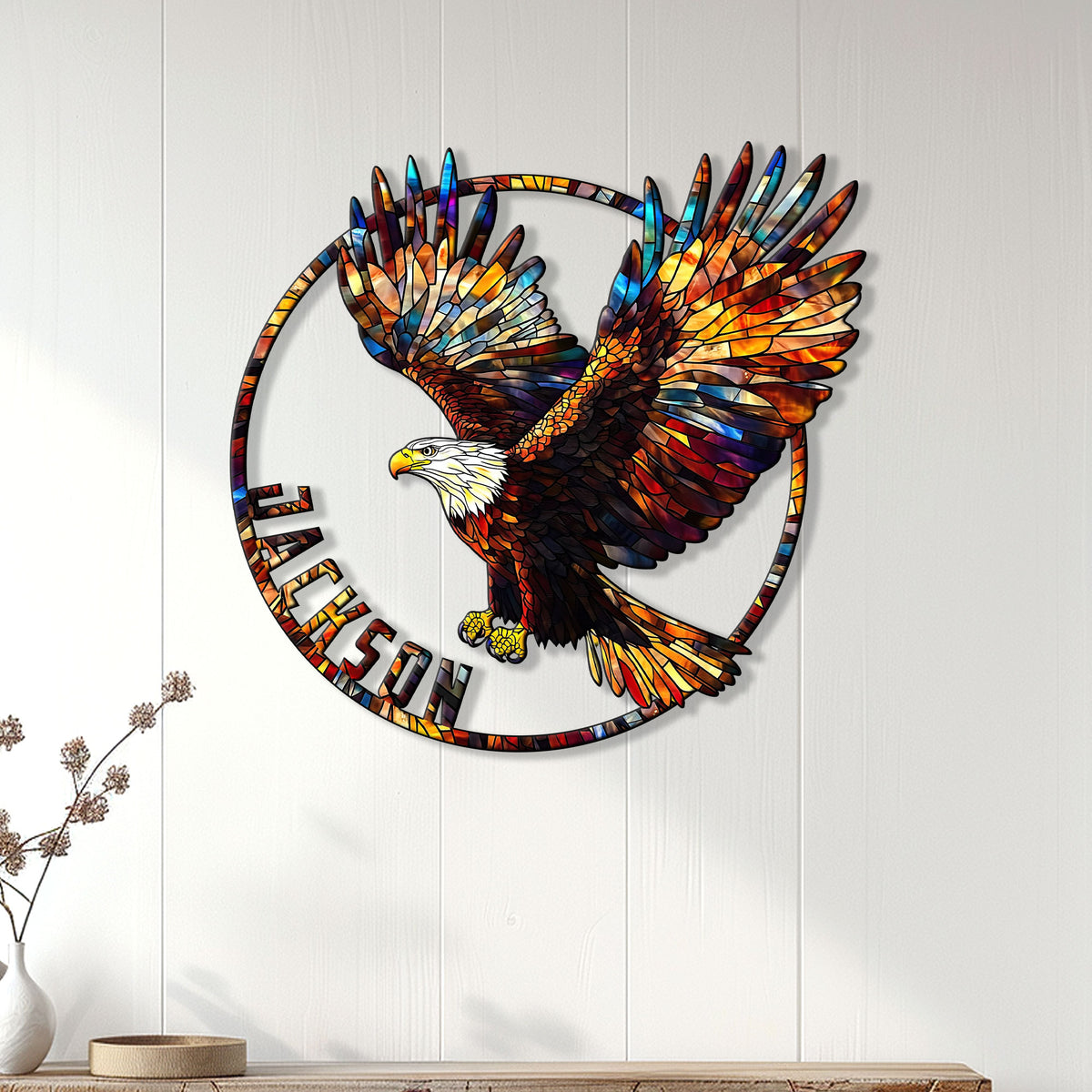 Eagle wall decor displayed on white paneling above a console for a striking home accent