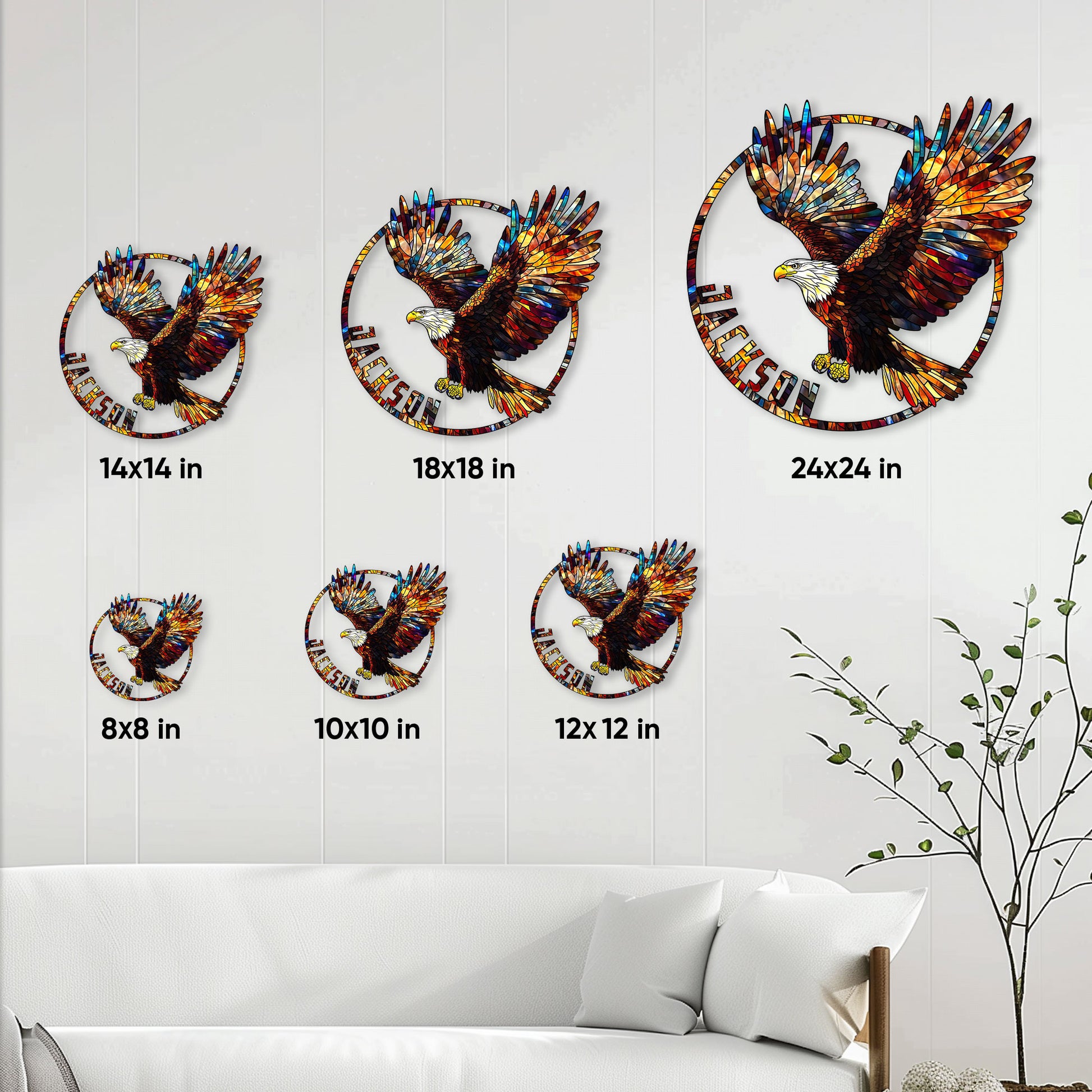 Eagle metal sign size guide showing available 8, 10, 12, 14, 18, and 24 inch options