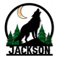 Custom wolf metal sign with a howling wolf silhouette, crescent moon, and evergreen forest
