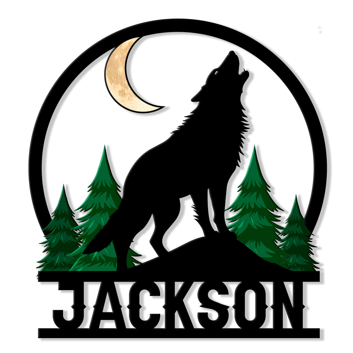 Custom wolf metal sign with a howling wolf silhouette, crescent moon, and evergreen forest