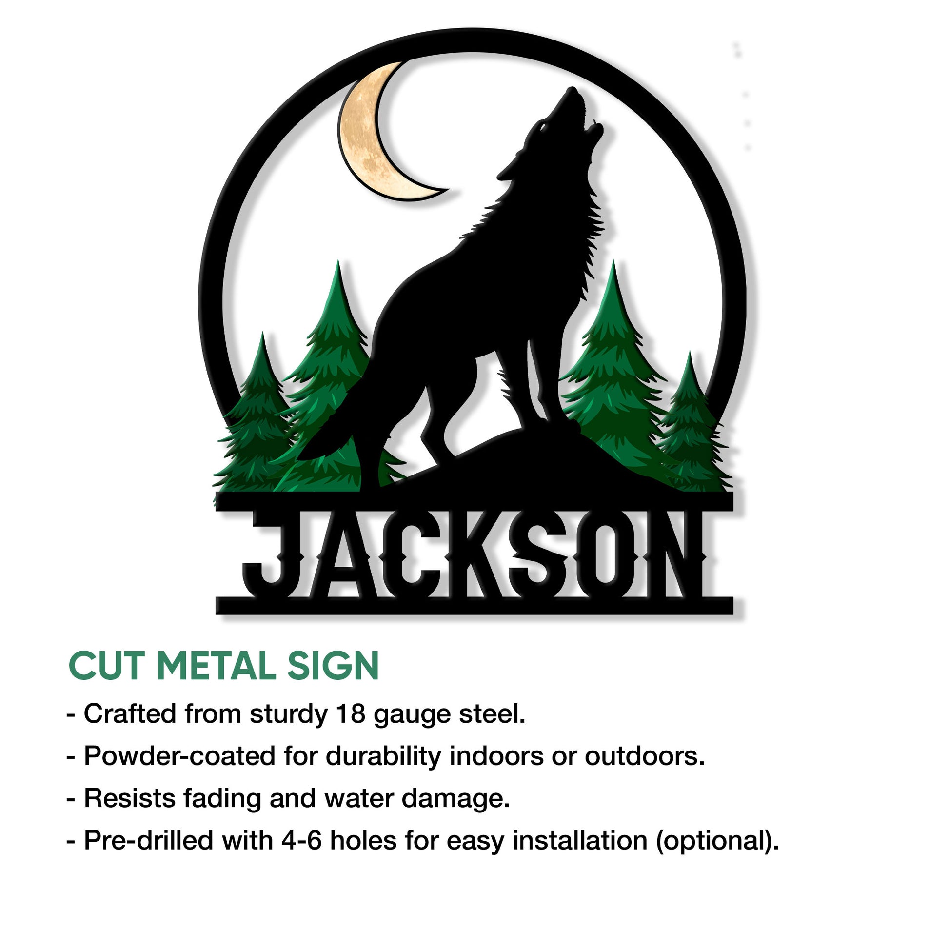 Wolf metal sign featuring a howling silhouette, pine trees, crescent moon, and product details