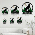 Wolf metal sign size guide showing multiple square size options in a living room setting