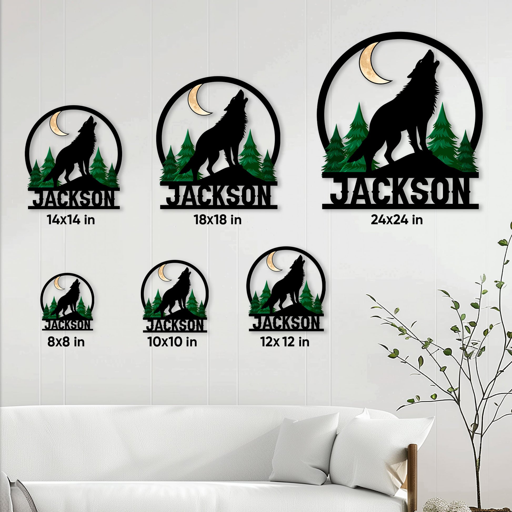 Wolf metal sign size guide showing multiple square size options in a living room setting