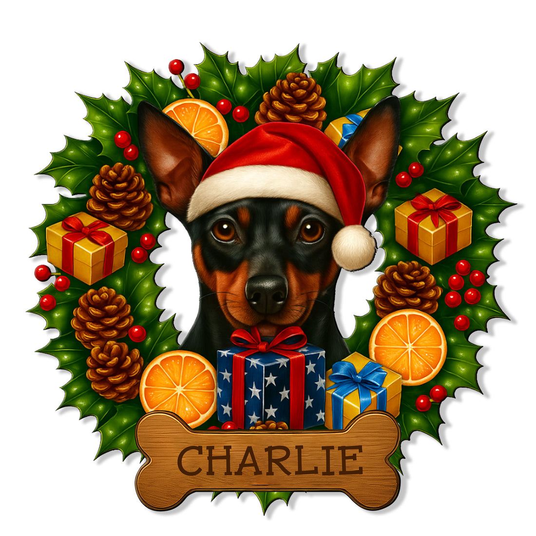 Custom Miniature Pinscher metal sign featuring a Santa hat, holiday wreath, gifts, and a bone-shaped accent